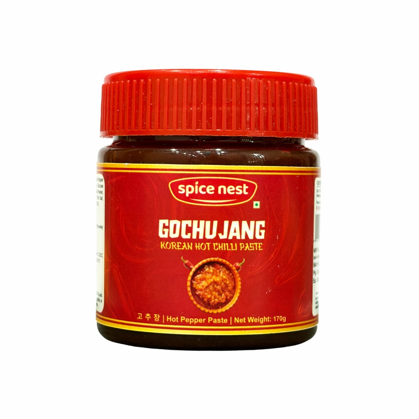 Gochujang paste in a jar, a Korean hot chili paste for adding spice and flavor to dishes.