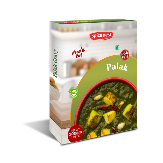 Bulk packaging of ready-to-eat palak gravy for wholesale distribution with product label